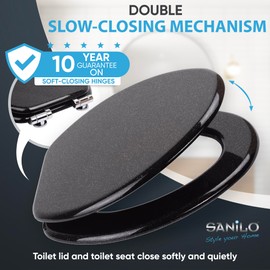 Sanilo Soft Close Toilet Seat ELONGATED, Quiet and Slow Close Lid and Seat, Strong Bumpers and Hinges, Glittering Black