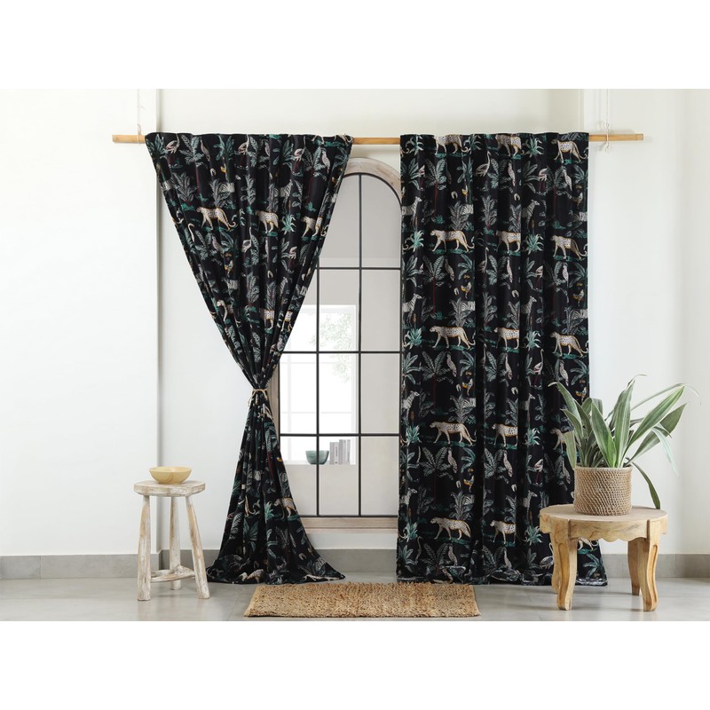 Labhanshi - Cortina estampada de terciopelo de algodón negro con