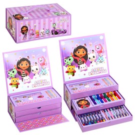 Gabby's Dollhouse Kids 34pc Colouring Art Stationery Set with Watercolour Felt Tip Pens Crayons and Pencils Travel Set for Children
