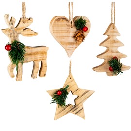 SHATCHI Rustic Star, Reindeer, Heart Tree Decorations-Christmas Wooden Festive Ornaments Hanging Xmas Pendants DIY Crafts Gifts, Wood, Assorted 4Pcs