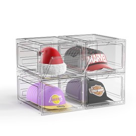 Hat Organizer Box for Baseball Caps, 4 Pack Clear Plastic Hat Storage Box, Hat Holder for Closet, Hat Display Case with Magnetic Door, Hat Rack, Snapback Organizer, Hat Case, Hold 8 Cap Each