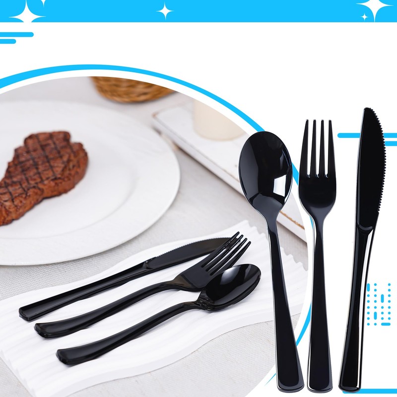 200 Count Black Plastic Forks, Heavy Duty Disposable Cutlery