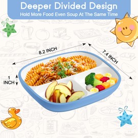 Domensi 1 Set Kids Porcelain Plates with Silicone Sleeves 8.2 Inch Divided Porcelain Plate Toddler White Suction Dishes for Baby Troubleless Eating Microwave Dishwasher Safe (Blue)