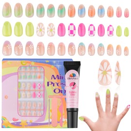 EBANKU 78 Pcs Kid Press on Nails, Short Colorful Flower Fake Nails for Girls 8-12 Years Stick On False Nails Kit with Jelly Nail Adhesives & Builder Glue, Full Cover Nails Tip for Children Nail Decor