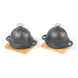 HAWOK Pre-Seasoned Cast Iron Garlic Roaster with Bamboo Tray, 5-Inch，BBQ Grill Garlic Baker, Mini Cocotte, Black, Set of 2