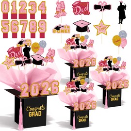 4 Sets 95 Pcs 2026 Graduation Table Decorations Congrats Grad Centerpieces Graduation Cap Shaped Box Congratulate Centerpiece Sticks Table Toppers Congrats Numbers Cutouts(Pink)