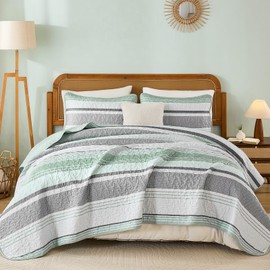 Dintszyayue Quilt Queen Size Sage Green, 3 Pieces Boho Striped Bedspread Bedding for Queen Size Bed, Soft Lightweight Microfiber Bohemian Coverlet Set for All Season Quilts with 2 Pillowcases