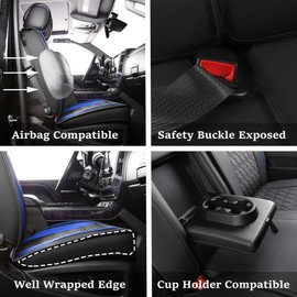 JOJOBAY Chevy Silverado Seat Covers,Leather Seat Covers for GMC Sierra,Custom Fit 2007-2026 1500 2500HD 3500HD Crew Double Extended Regular Cab,LT LZT RST(Full Set,Black Blue)