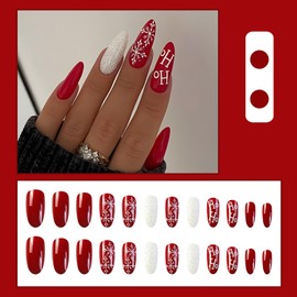 24 Pcs Christmas Nails Almond Press on Nails French Tip Medium Red ＆ White Fake Nails with Glitter Designs Glossy Full Cover Glue on Nails Snowflake Pattern False Nails for Women Acrylic Nails