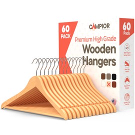 Natural Wooden Hangers 60 Pack – Heavy-Duty with 360° Swivel Hook, Non-Slip, Pants Bar & Shoulder Grooves - Wooden Hangers for Suits, Jackets, Dresses & Camisoles, Space-Saving and Smooth Finish