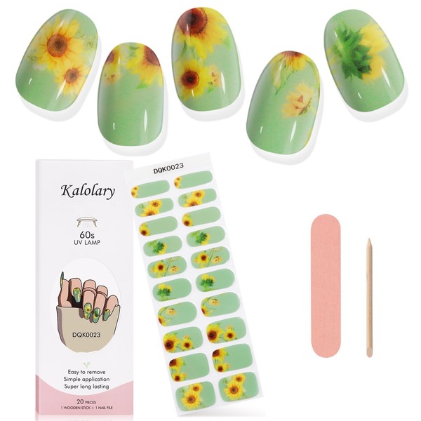 Kalolary Daisy Gel Nail Polish Strips, Green Cured Nail Gel Art Sticker Waterproof Full Nail Wraps Decal Kits for DIY Summer Nail Art, Includes Cuticle Stick, Nail File