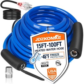 JDZKOMKE 50T Heated RV Water Hose - Freeze Protection Down to -45°F, Heavy-Duty PVC & Brass Fittings, 1/2" ID Lead-Free Hose for Camping/Poultry Farms AUTO Accessory (50FT)