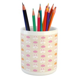 Ambesonne Easter Pencil Pen Holder, Cartoon Style Childish Pattern with Bunny Faces and Egg Silhouettes, Printed Ceramic Pencil Pen Holder for Desk Office Accessory, Pale Pink Orange and Beige