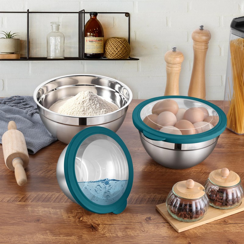 LIANYU Stainless Steel Metal Mixing Bowls, 3 Packs Deep Nesting