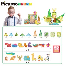 PicassoTiles Magnet Tiles Set Magnetic Building Blocks Safari Animals Dinosaur Theme with 16 Action Figure Construction Blocks STEM Toys Education Preschool Toy for Toddlers Boys Girls Ages 3+ PTQ28