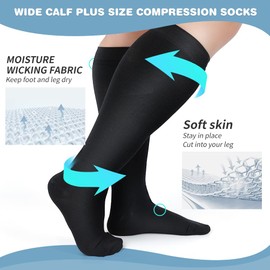 AKSO MEDICOS Plus Size Compression Socks, 20-30 mmHg Compression Socks for Women & Men, Wide Calf Knee High Stocks for Circulation Support Varicose Veins Swelling Edema,Black 7XL