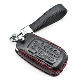 INFIPAR Fit for Dodge Ram 2500 3500 4500 5500 Genuine Leather Smart Key Fob Case Cover Keyless Entry Protector, with Key Chain (5-Button, Black/Red)