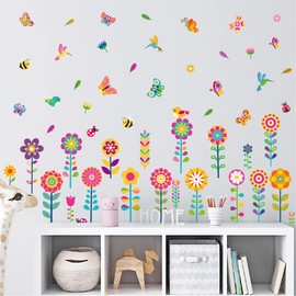8 Sheets Spring Flower Wall Sticker Butterfly Bee Hummingbird Spring Wall Decal Window Decoration for Classroom Nursery Living Room Decor