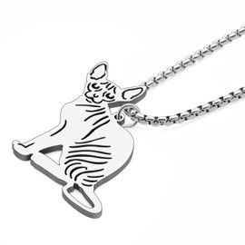 RAIDIN Stainless Steel Animal Cat Necklace Pendant for Women Girls 18K Gold Silver Plated Cute Kitten Necklaces Minimalist Jewelry Gifts for Her Cat Lovers Charms (Silver-102 Hairless Sphynx Cat)