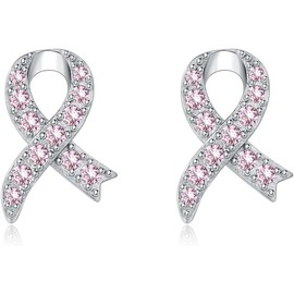 arete de plata de ley 925 para concientización sobre el cáncer de mama, diseño de cinta rosa, regalo para mujeres, Pequeño, Plata de ley, Circonita cúbica