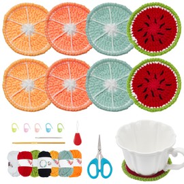 ORIGACH 8 Set Fruit Crochet Coaster kit for Beginners Adult, Tea Coaster Knitting Set for Starters, Complete Crochet Accessories Tools to Make 8 Drink Coasters with Instruction and Video
