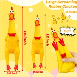 2Pcs Large Screaming Rubber Chickens,15 Inch 12 Inch Yellow Squawking Squeaky Chicken Toy for Novelty Gag Gift,Prank Noise Maker,Adults,Dog