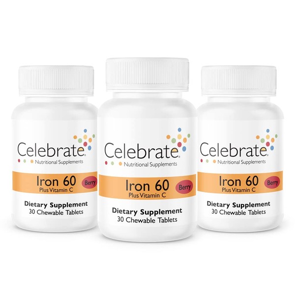 Celebrate Vitamins Iron with Vitamin C Chewables, 60 mg Iron, Berry, Bariatric Vitamins for WLS Patients Including Sleeve Gastrectomy and Gastric Bypass Surgery, 90 Count, 3 Month Supply