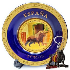 Decorative Plate Spain with Bull + Keyring Souvenir Spanish Bull Includes Bracket and Hook for Hanging Lovers from Spain, Taurus, Culture and Traditions (Toro)