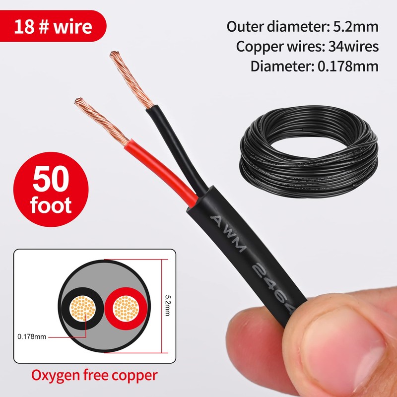 18 Gauge 2 Conductor PVC Cord, Oxygen-Free Copper Cable, 50FT