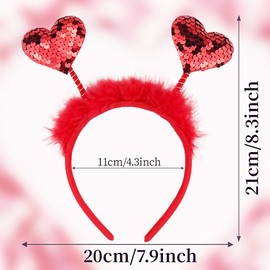 Valentine Double Heart Headband Glitter Head Boppers Headbands Sequin Love Hair Band Red Fax Fur Hair Hoop Sparkle Heart Hair Accessories for Girls Women Valentine's Day Wedding Party Gift