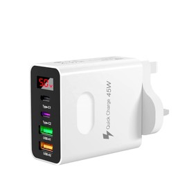 QC3.0, 45W, USB Wall Charger, 4 Ports, 5V/3.1A, Type-C, LED Display, Quick Charge (White)