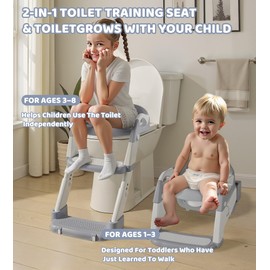 2-in-1 Toddler Potty Training Toilet Seat with Step Stool Ladder – Adjustable Height Potty Chair Urinal for Baby Boys Girls Age 1-3, Foldable Training Potty with Splash Guard & Anti-Slip Feet, Grey