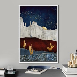 SIGNFORD Framed Canvas Print Wall Art Golden Moon Over Mountain Range & Golden Cacti Abstract Wilderness Digital Art Modern Art Southwest for Living Room, Bedroom, Office - 16"x24" White