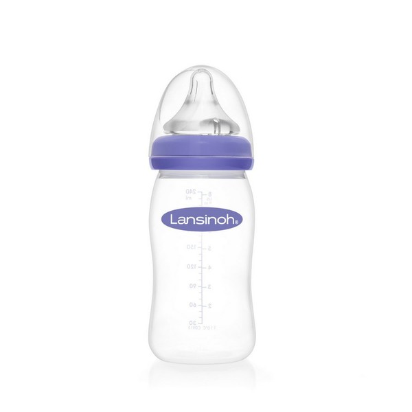 Lansinoh mOmma Breastmilk Feeding Bottle with NaturalWave Nipple, 1 Count, 8 Ounce, Medium Flow Nipple, Soft Silicone Nipple, Collapse Resistant, Anti-Colic, BPS and BPA Free