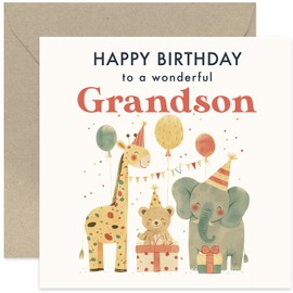 1st Birthday Card for Grandson - Safari Jungle Animals - 2nd 3rd Children Kids Happy Birthday Card - Gifts for Grandson - First Birthday Gifts for Him - Cute Birthday Cards for Boys