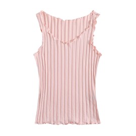 Floerns Women's Rib Knitted Ruffle Trim Scoop Neck Sleeveless Pleated Tank Tops Light Pink X-Large