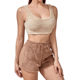 SweatyRocks Women's Fuzzy Pajamas Set Crop Tank Top with Shorts Loungewear Beige Pink M