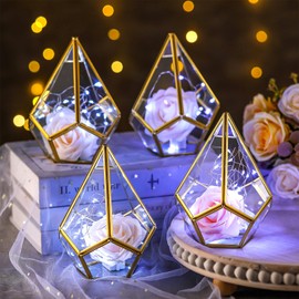 Tujoe 4 Set Gold Geometric Wedding Centerpieces for Table Modern Metal Gold Lanterns Glass Centerpiece with Fairy Lights for Home Wedding Table Decorations