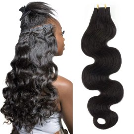 Body Wave Tape in Hair Extensions Human Hair Natural Black 100% Real Remy Human Hair Extensions 16-26 Inches Invisible for Womanstyle: Body Wave, color: Natural Black, Stretched Length: 24 Inches