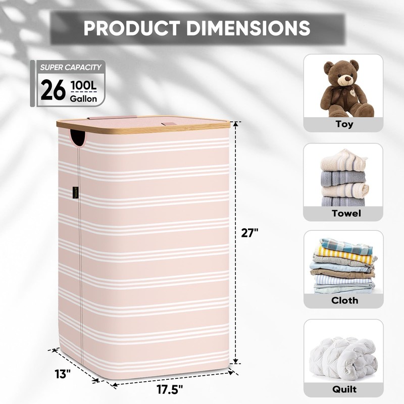 BALEINE Laundry Hamper with Lid, Tall Laundry Baskets with Bamboo