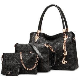 DORRISO Elegant Handbags for Women Ladies Handbags Set PU Leather Large Top Handle Bag Versatile Tote Bag 4 Piece Set Large Shoulder Bags Clutch Carder Holder Black