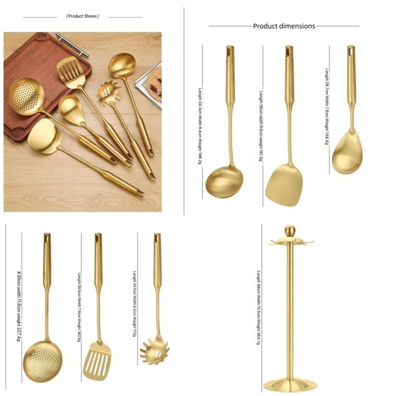 Premium 7-Piece Gold Kitchen Utensil Set with Stand, Stainless Steel