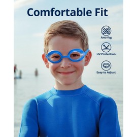 SWAUSWAUK Kids Swimming Goggles, Anti-Fog & Adjustable, Comfortable for 4-10 Years Old (Blue & White)