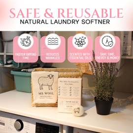 Scented Wool Dryer Balls - (Pack of 6) Ms Wool Lavender Scented XL Natural Reusable Fabric Softener, Reduces Clothing Wrinkles and Saves Drying Time. Long Lasting Essential Oil Scent