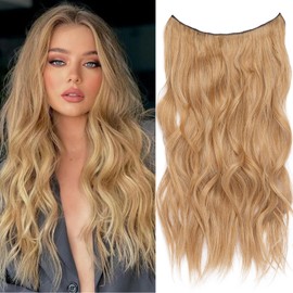 Xtrend 20 Inch Invisible Wire Hair Extensions with Transparent Wire Adjustable Size 4 Secure Clips Blonde Wavy Secret Hairpiece for Women（C2#）