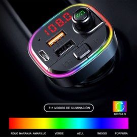 MOYAC Transmisor FM Bluetooth para Auto, Carga Rápida(Total 18w) con PD o QC3.0, 8 Modos de Iluminación RGB, Manos Libres Bluetooth Reproductor, Soporte USB hasta 32GB