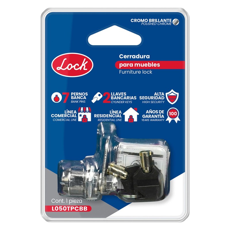 Lock L050TPCBB Cerradura tubular, cromo brillante, llave estándar, blíster