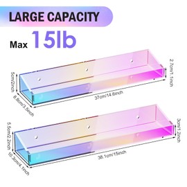 Bakzon 2 Pack Acrylic Shelves for Wall Storage, 15" Floating Shelves, Kids Bookshelf, Nail Polish Holder, Perfume Display Shelf Organizer for Bathroom, Bedroom, Living Room, Iridescent
