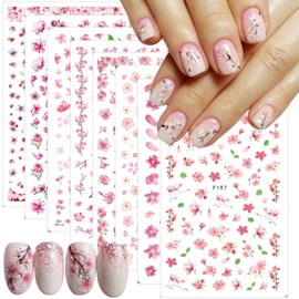 8Pcs Cherry Blossoms Nail Stickers 3D Self Adhesive Pink Flower Nail Art Stickers Spring Summer Peach Blossom Petals Leaves Nail Art Design Nail Decals Floral Nail Supplies for Acrylic Nail Decoration