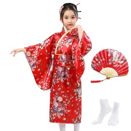 KRUIHAN Japanese Kimono Kids,Traditional Japanese Style Sakura Yukata Dress for Girls,Kids Satin Kimono Robe,Girls Cosplay Costumes Party Dress,with Folding Fan and Tabi Socks,Style A,Red,150